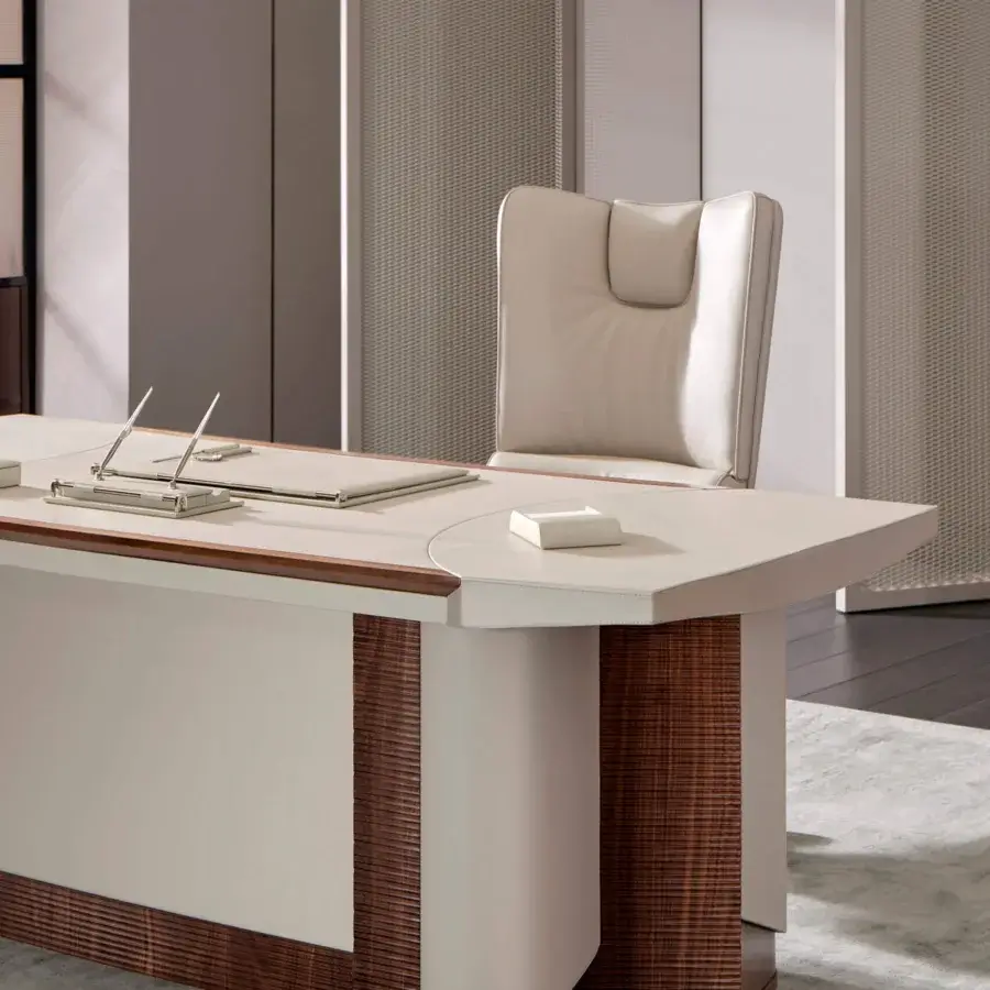 Superior Mascheroni Planet desk crafted with light cream wood, dark wood accents and natural leather upholstery with handmade refinish