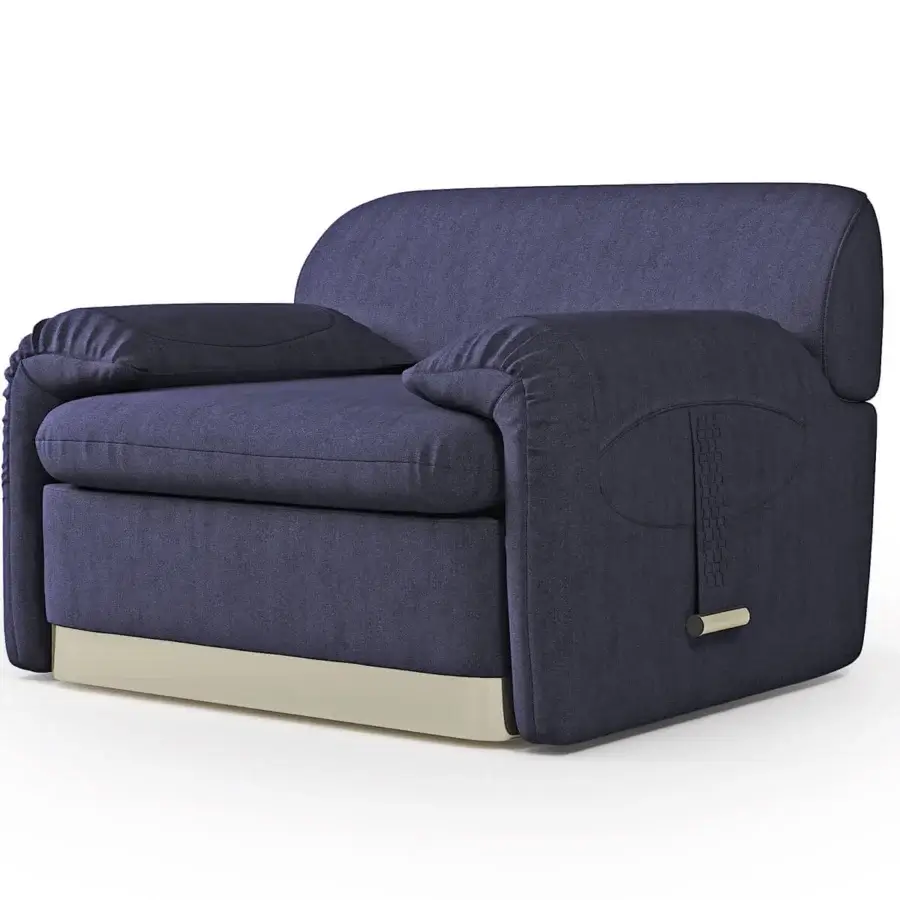 Superior Turri Eclipse lounge chair with sinuous lines, dark blue-purple textile upholstery and light gold metal accents