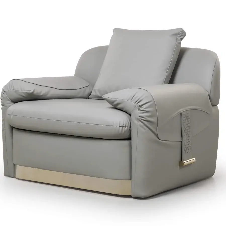 Exceptional Turri Eclipse lounge chair with sinuous lines, gray synthetic upholstery and light gold metal details