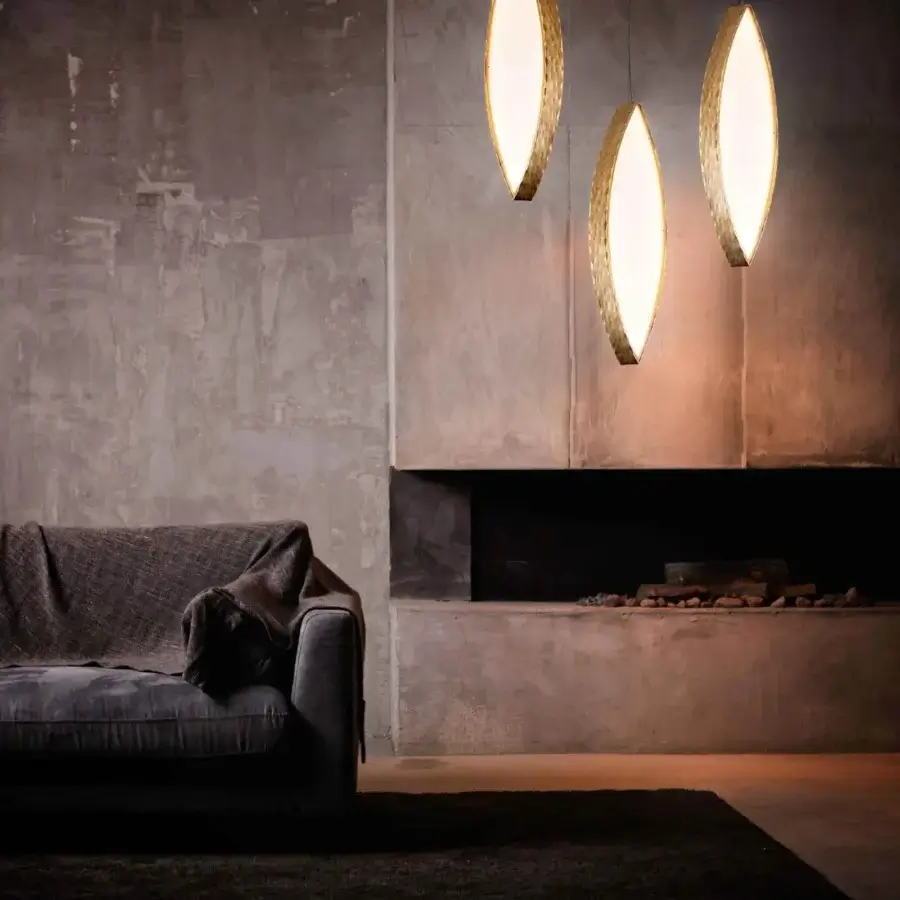 Superior Stillux Leaves suspension lamp with a gold tone hammered metal structure and white glass diffuser