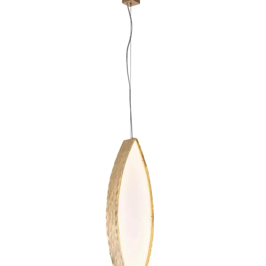 Elegant Stillux Leaves suspension lamp with a gold tone hammered metal structure and smooth white glass diffuser