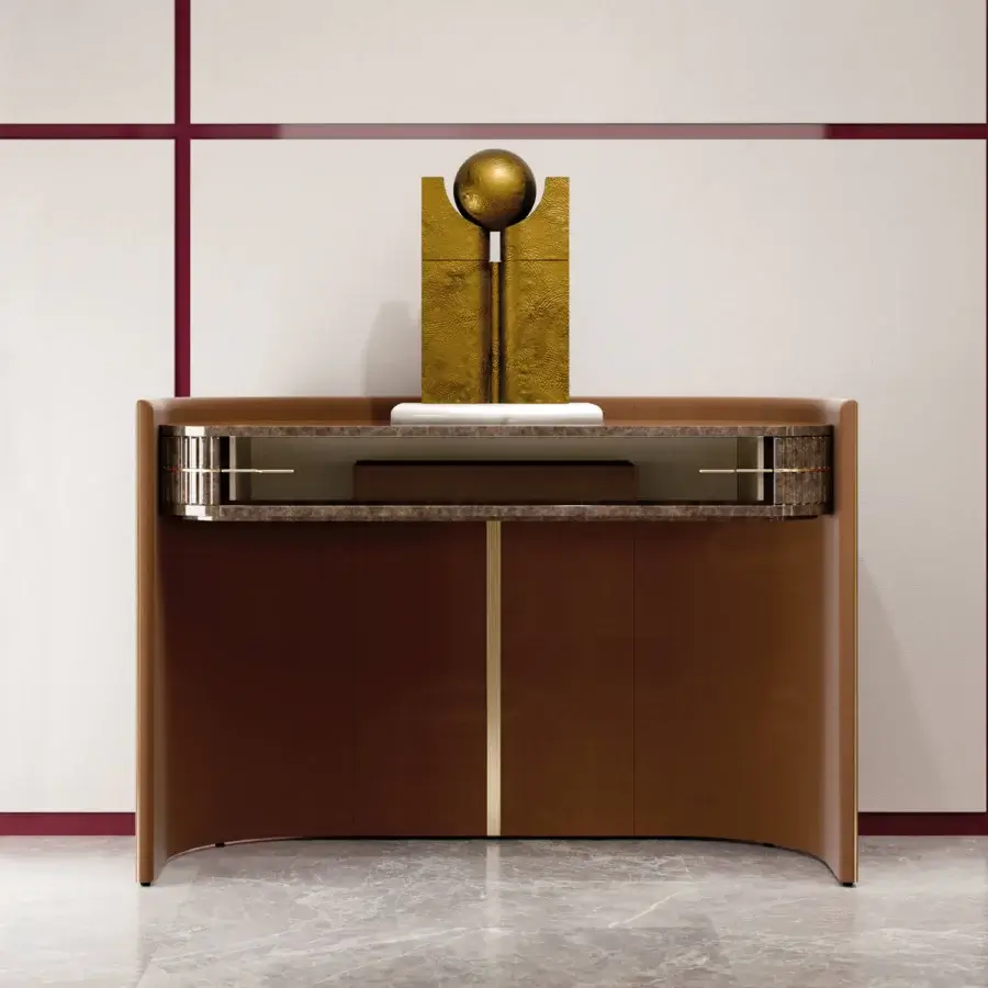 Distinguished Turri Eclipse console with a curved leather shell and glossy lacquered wood built with a marble top and bronze glass door