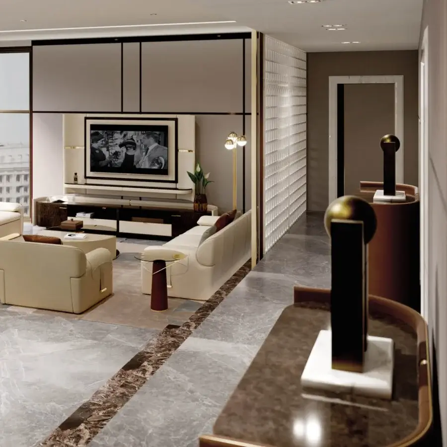 Exclusive Turri Eclipse console with a curved deep brown leather shell and glossy lacquered wood built with a white marble-like top