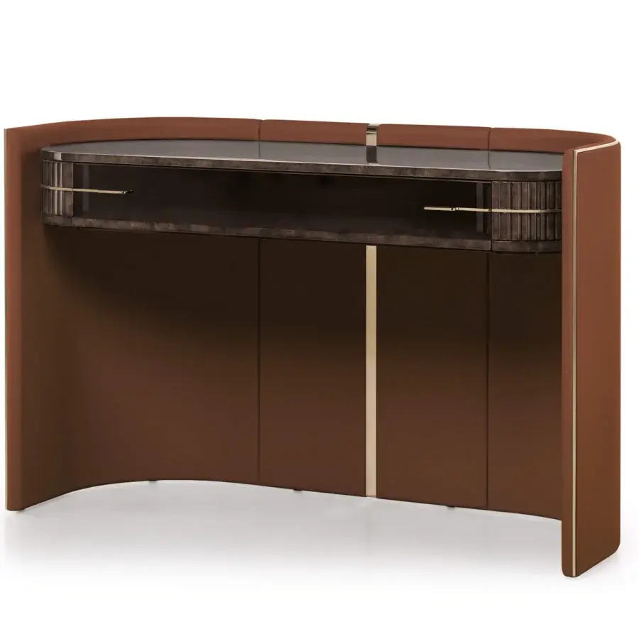 Superior Turri Eclipse console with a curved warm brown leather shell and glossy lacquered wood built with bronze glass accents