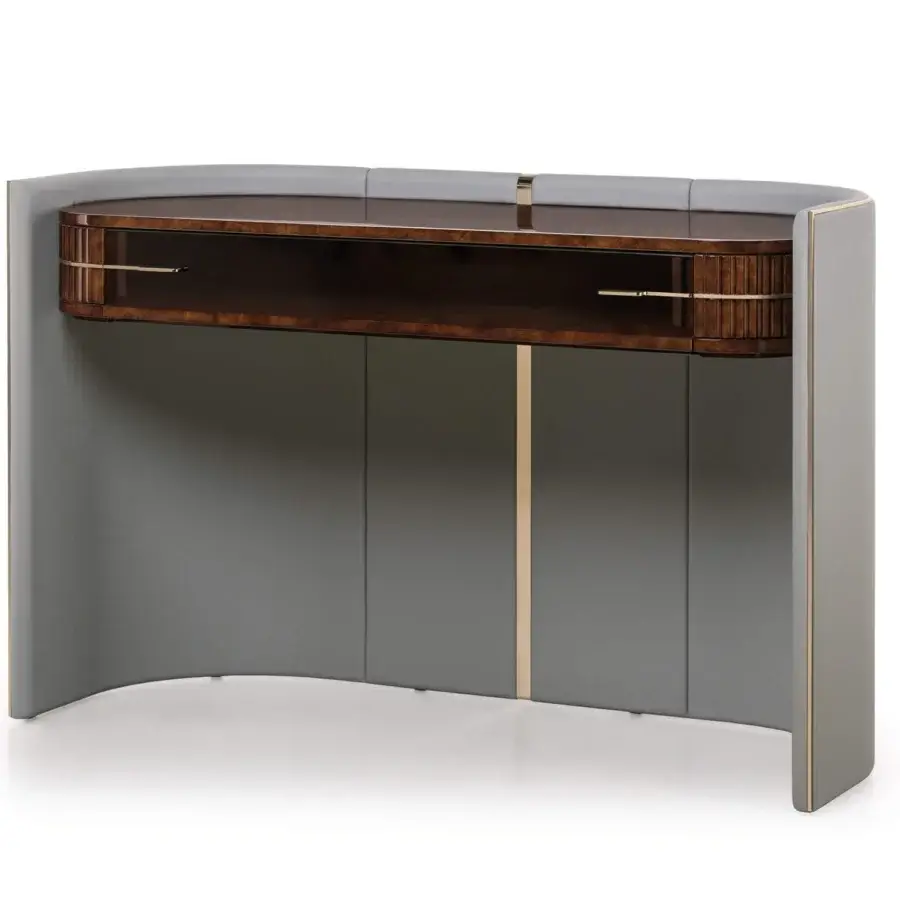 Lavish Turri Eclipse console with a curved gray leather shell and glossy lacquered dark brown wood accents with gold metal details
