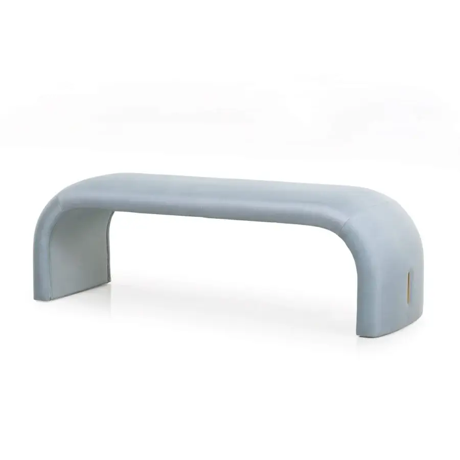 Lavish Turri Eclipse bench with bridge-shape structure upholstered in light blue textile and gold metal accent