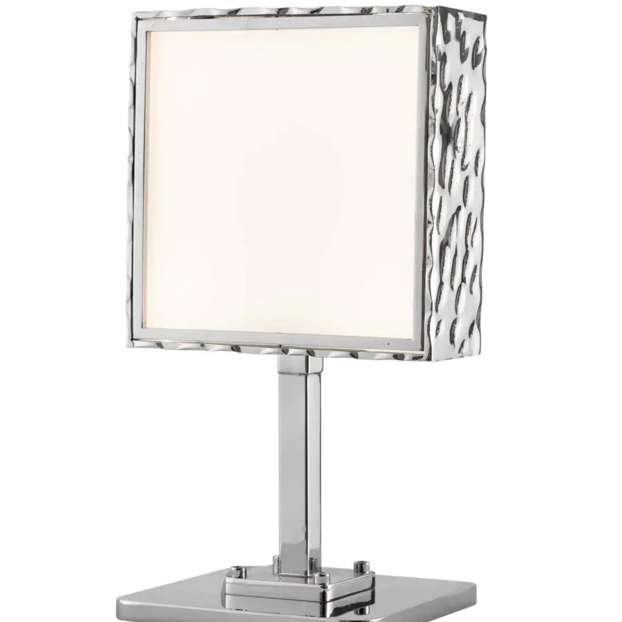 Superior Stillux Square table lamp with a hammered metal frame and smooth white glass diffuser in polished chrome