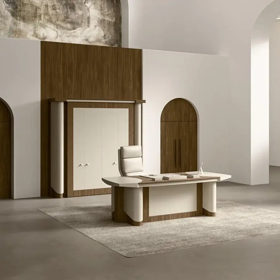 Exceptional Mascheroni Planet Special Edition desk crafted with wood and curved birch plywood in light beige with dark accents and natural leather upholstery