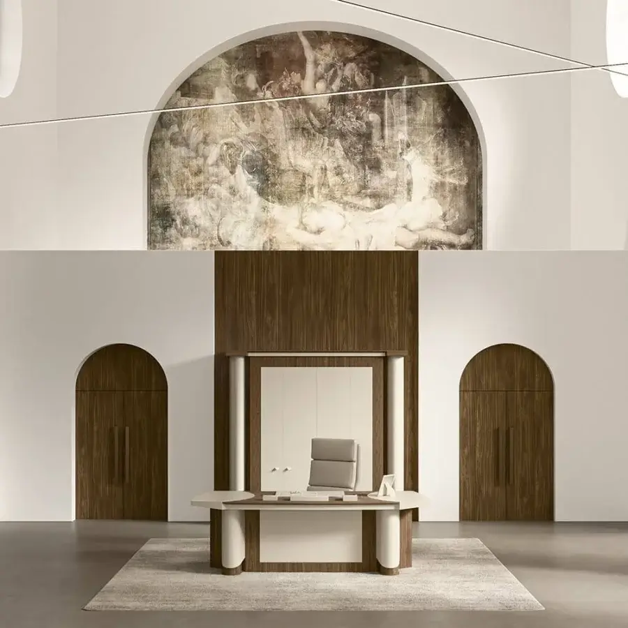 Distinguished Mascheroni Planet Special Edition desk with light beige tabletop and dark wood accents in natural leather upholstery and handmade refinish