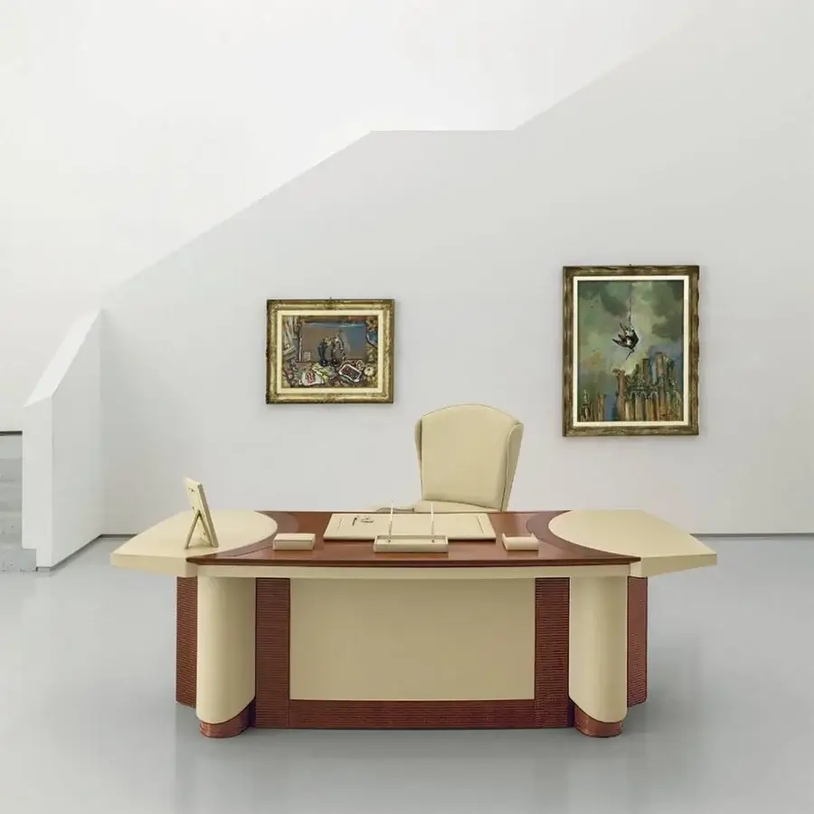Superior Mascheroni Planet Special Edition desk built in medium brown wood with light cream synthetic elements and handmade refinish