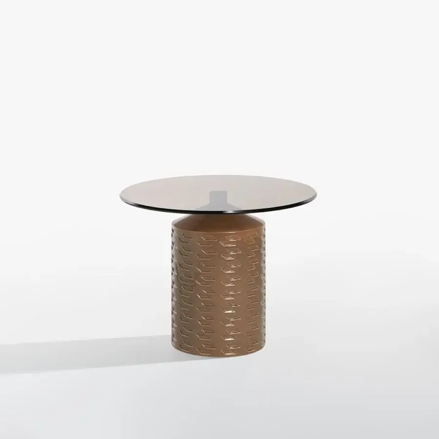 Superior Potocco Hishi side table with peach ceramic base exhibiting geometric patterns and bronzed glass top