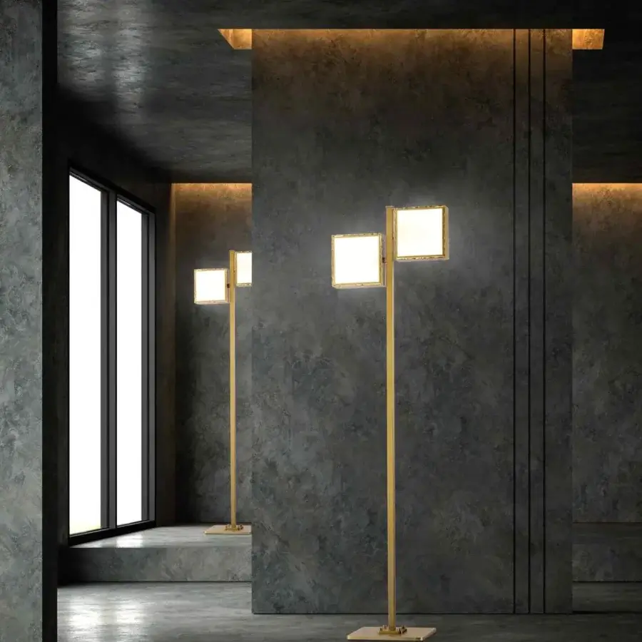 Exceptional Stillux Square floor lamp with a hammered gold metal frame and square white glass diffusers, boasting a glossy sheen