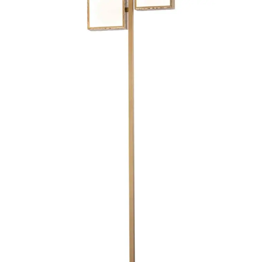 Superior Stillux Square floor lamp with a hammered light gold metal frame and balanced white glass diffusers
