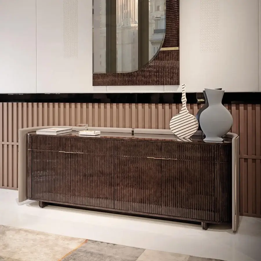 Exceptional Turri Eclipse sideboard with grooved dark brown leather doors and hand-decorated wooden structure