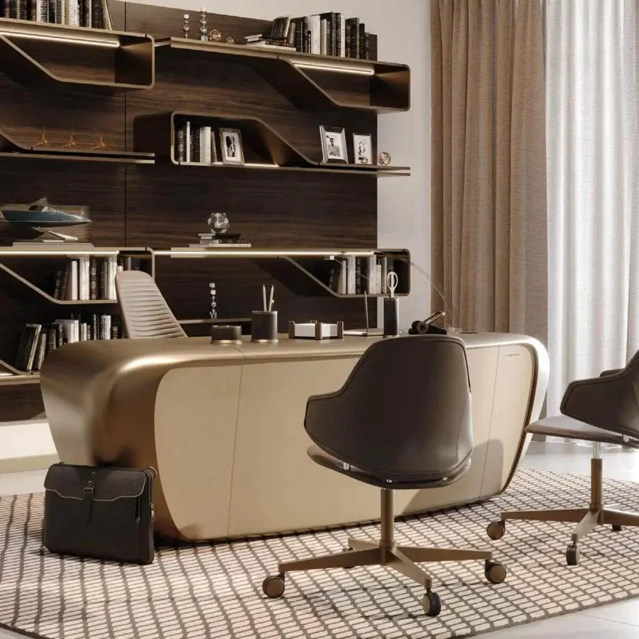Exceptional Reflex Segno bookcase with curved wooden panels, smooth texture, and integrated lighting embodying a contemporary silhouette