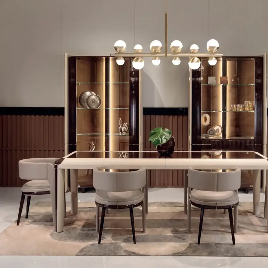 Superior Turri Eclipse sideboard with a curved shell crafted in dark wood and hand-decorated polyester finish with ribbed leather doors