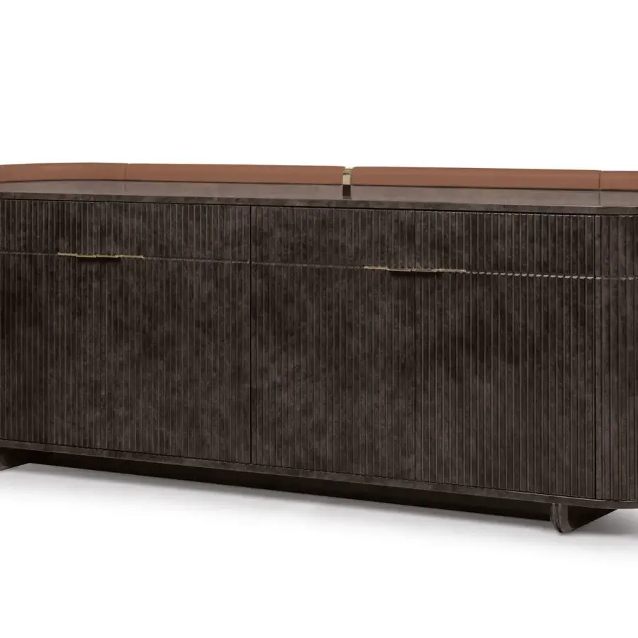 Distinguished Turri Eclipse sideboard with a curved shell built in hand-decorated polyester and textured wood framing