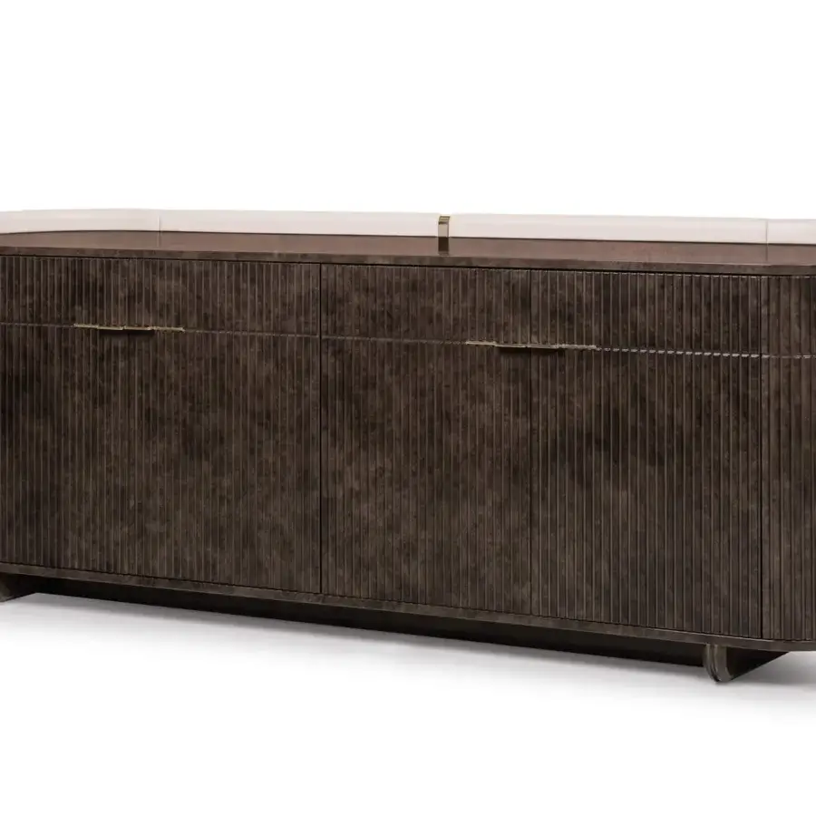 Lavish Turri Eclipse sideboard with a curved cream-colored shell and four dark brown vertically-grooved hand-decorated polyester doors
