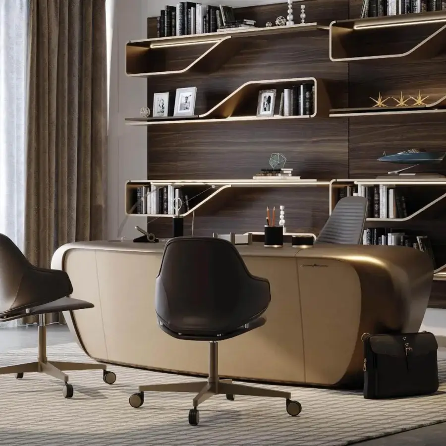 Superior Reflex Segno bookcase with curved wooden panels, light shelving supports, and integrated touch lighting