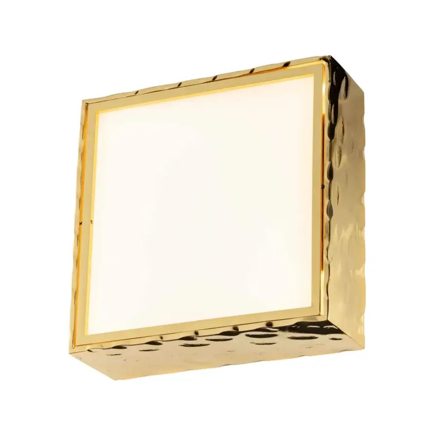 Distinguished Stillux Square wall lamp with a hammered metal frame in glossy gold and smooth square white glass diffuser