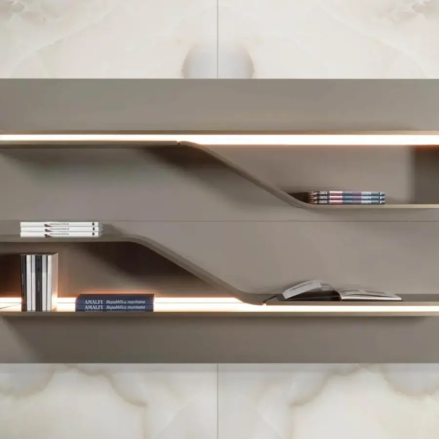Distinguished Reflex Segno bookcase with curved wooden panels, matte gray finish and integrated LED lighting