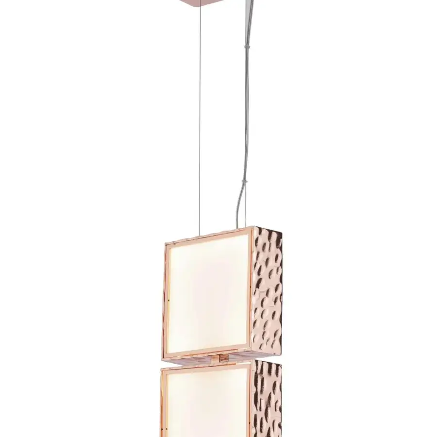 Superior Stillux Square suspension lamp with copper-like hammered metal frame and square white glass diffusers