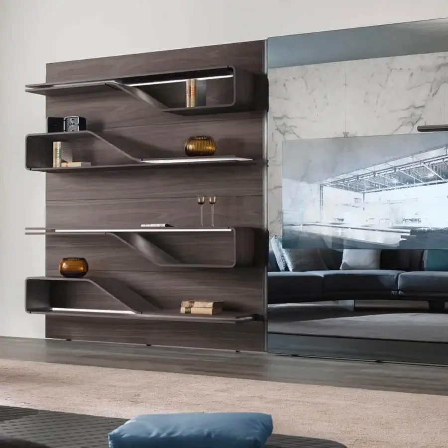 Exceptional Reflex Segno bookcase with integrated LED lighting and sleek Supersilver mirror in Henné lacquer finish