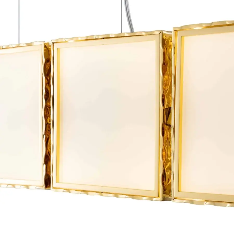 Superior Stillux Square suspension lamp with white glass diffusers encased in gold finished hammered metal frames