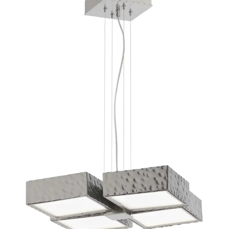 Superior Stillux Square suspension lamp with four square white glass diffusers in hammered metal frames