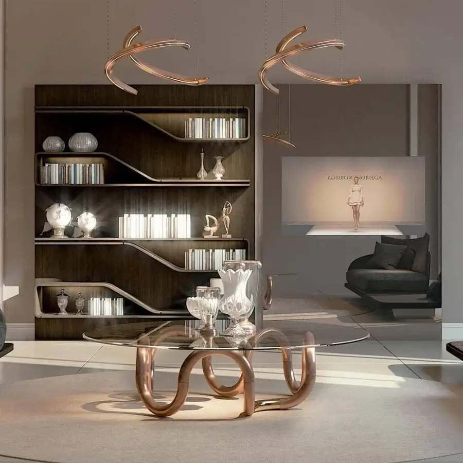 Elegant Reflex Segno bookcase with asymmetrically arranged shelves, dark brown Henné lacquered wood and integrated Movie TV Mirror