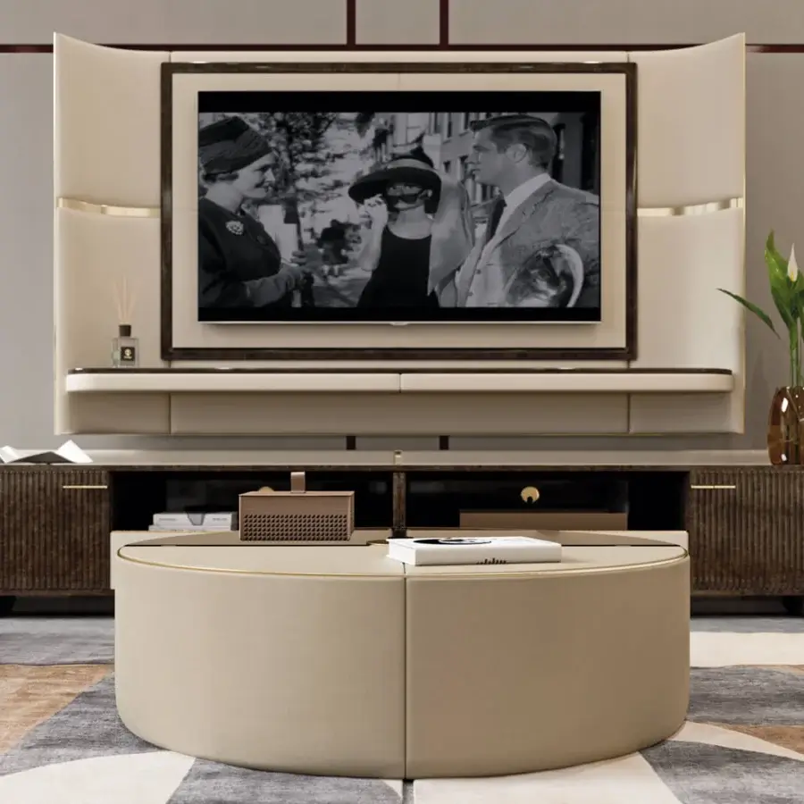 Elegant Turri Eclipse TV stand with a curved lighter-toned leather shell and vertically ridged dark wooden structure in a satin finish