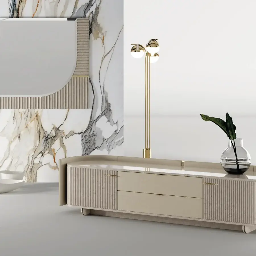 Lavish Turri Eclipse TV stand built in wood with a hand-decorated polyester finish and curved light beige leather shell