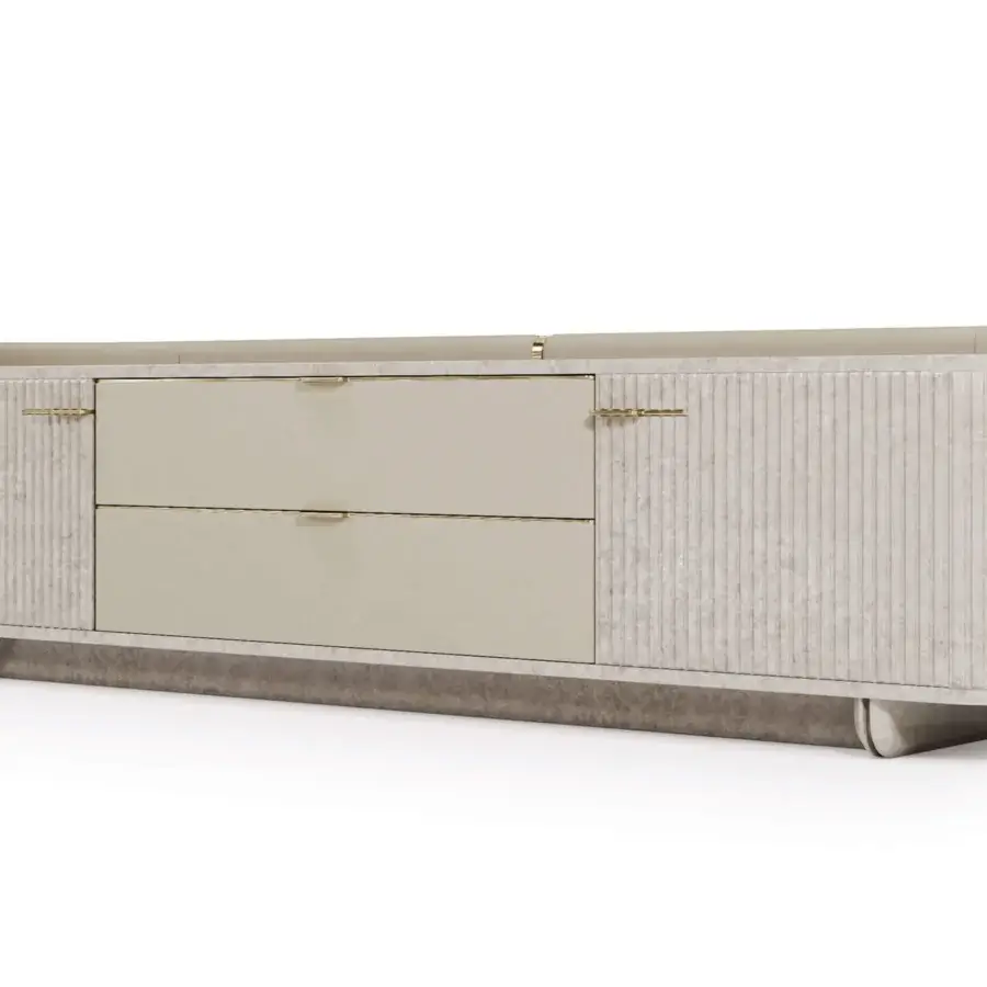 Superior Turri Eclipse TV stand with curved cream leather and glossier central drawers in lacquered wood with polyester finish