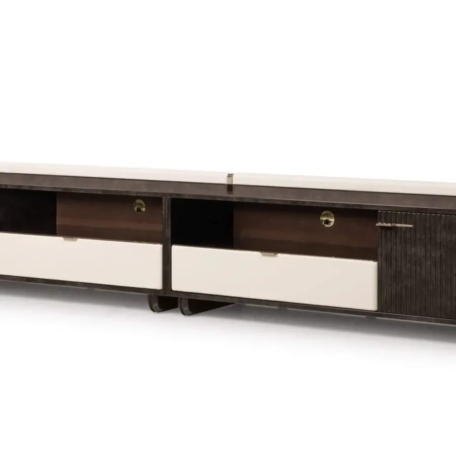 Distinguished Turri Eclipse TV stand with a curved leather shell, dark wood body and glossy lacquered wood doors built with metal handles