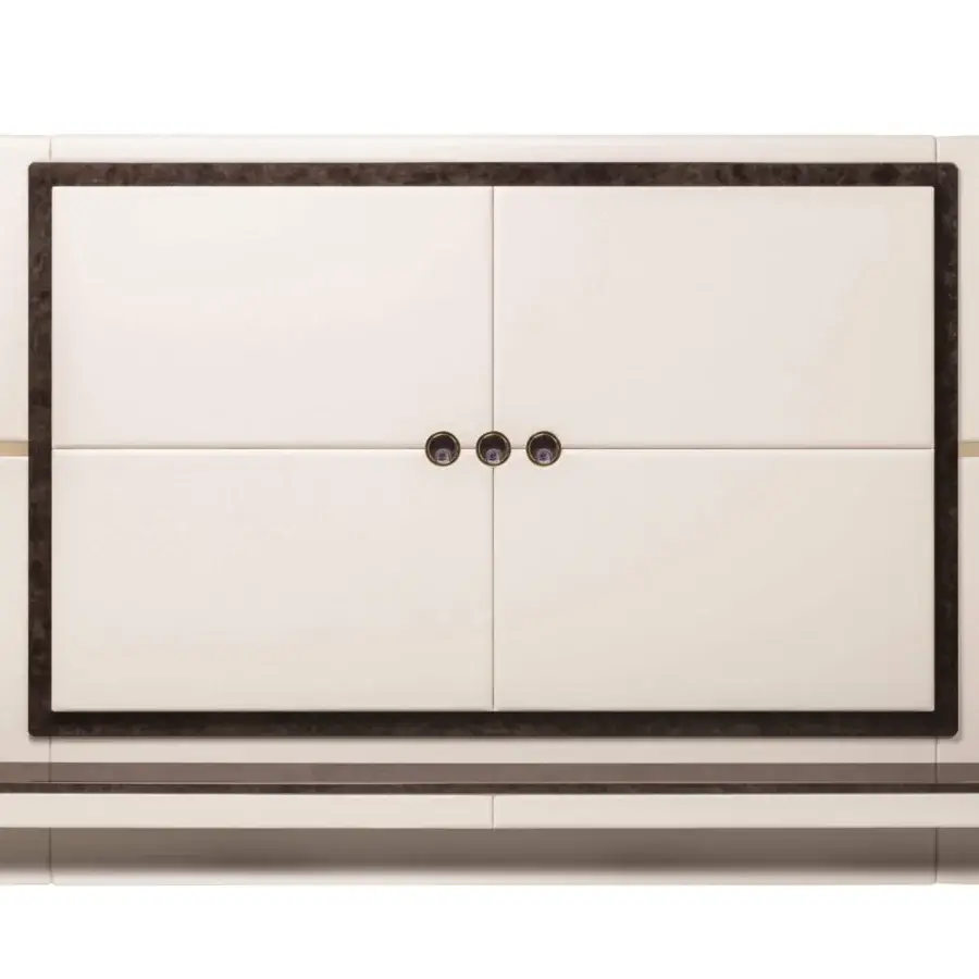 Exquisite Turri Eclipse TV stand with curved cream leather, glossy lacquered wood and hand-decorated polyester finish