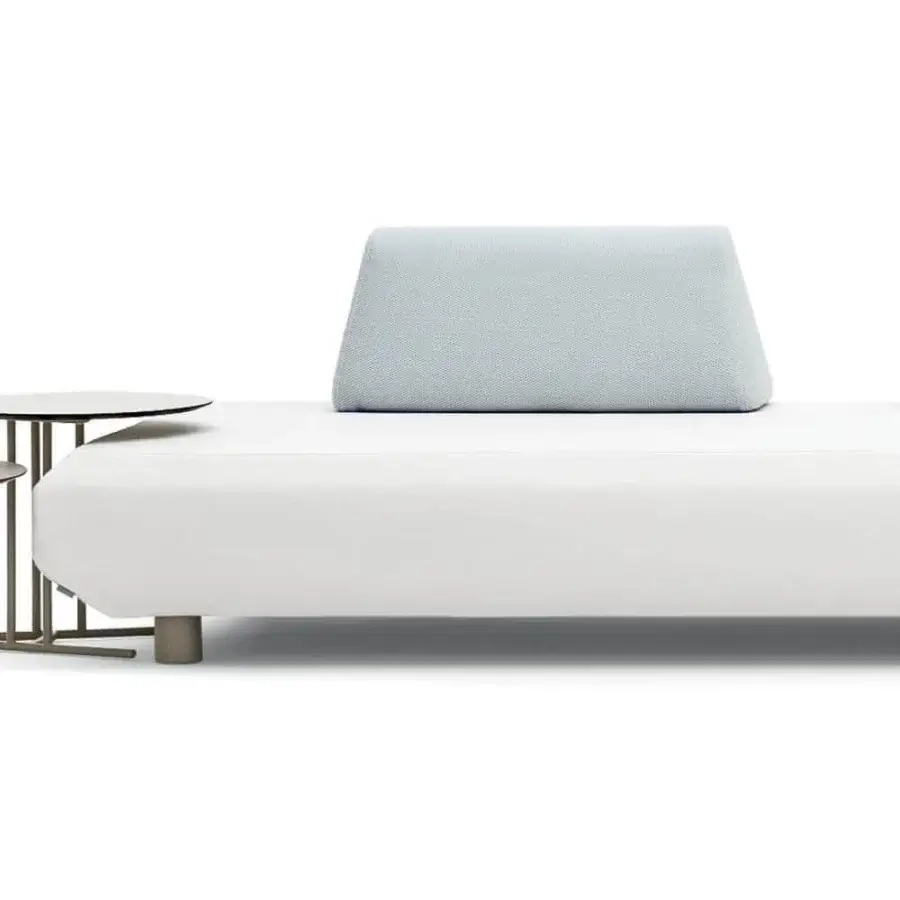 Superior Varaschin Bento sectional crafted with okume wood, aluminum feet, white upholstery and a light blue backrest cushion