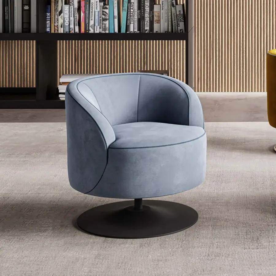 Exceptional Swan Italia Venus lounge chair with light blue-gray textile upholstery and darker blue gros-grain piping crafted in Italy