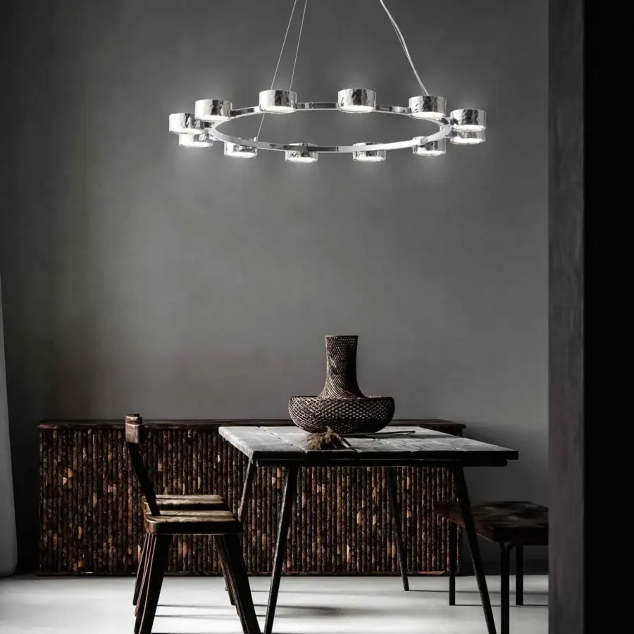 Superior Stillux Globe suspension lamp with twelve circular white glass diffusers within a hammered metal frame and reflective chrome finish