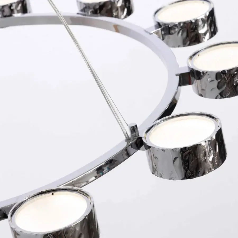 Exceptional Stillux Globe suspension lamp with a chrome-like metal circle and twelve circular white glass diffusers within a hammered metal frame