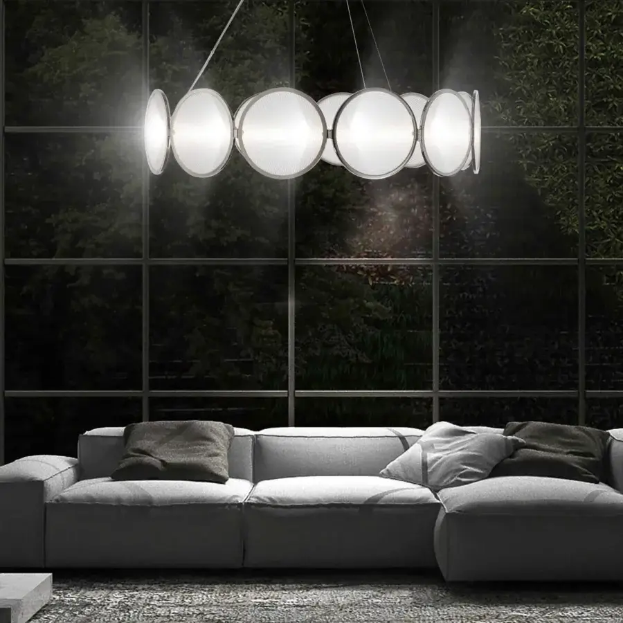 Superior Stillux Globe suspension lamp with twelve circular white glass diffusers and thin metal frames