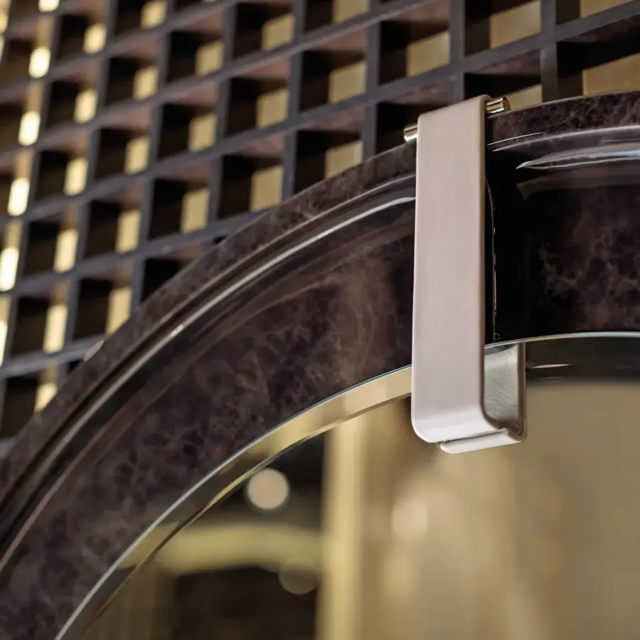 Exceptional Turri Eclipse mirror with concentric circles in glossy lacquered wood and light beige leather detail