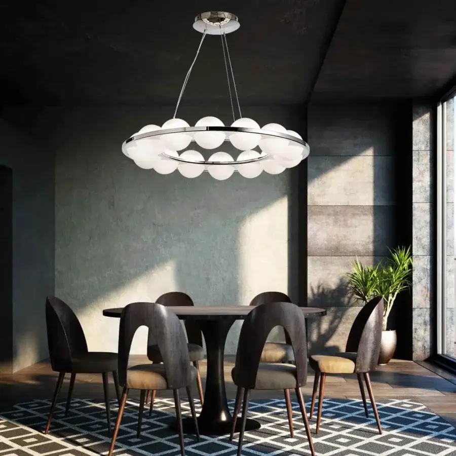Distinguished Stillux Globe suspension lamp with fourteen matt white glass lampshades between smooth metal circles