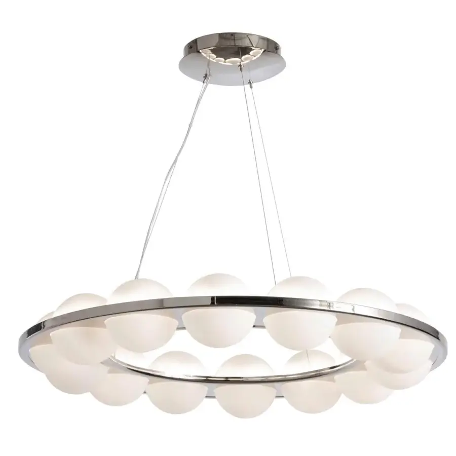 Superior Stillux Globe suspension lamp with fourteen matt white glass lampshades and refined smooth metal circles crafted in Italy