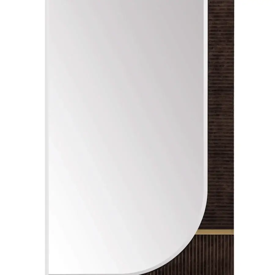 Exclusive Turri Eclipse mirror crafted with glossy lacquered dark brown wood and light gold metal details with vertical textured striations