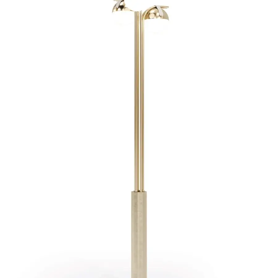 Superior Turri Eclipse floor lamp with a satin gold metal structure and opaque white glass spheres suspended by leather straps