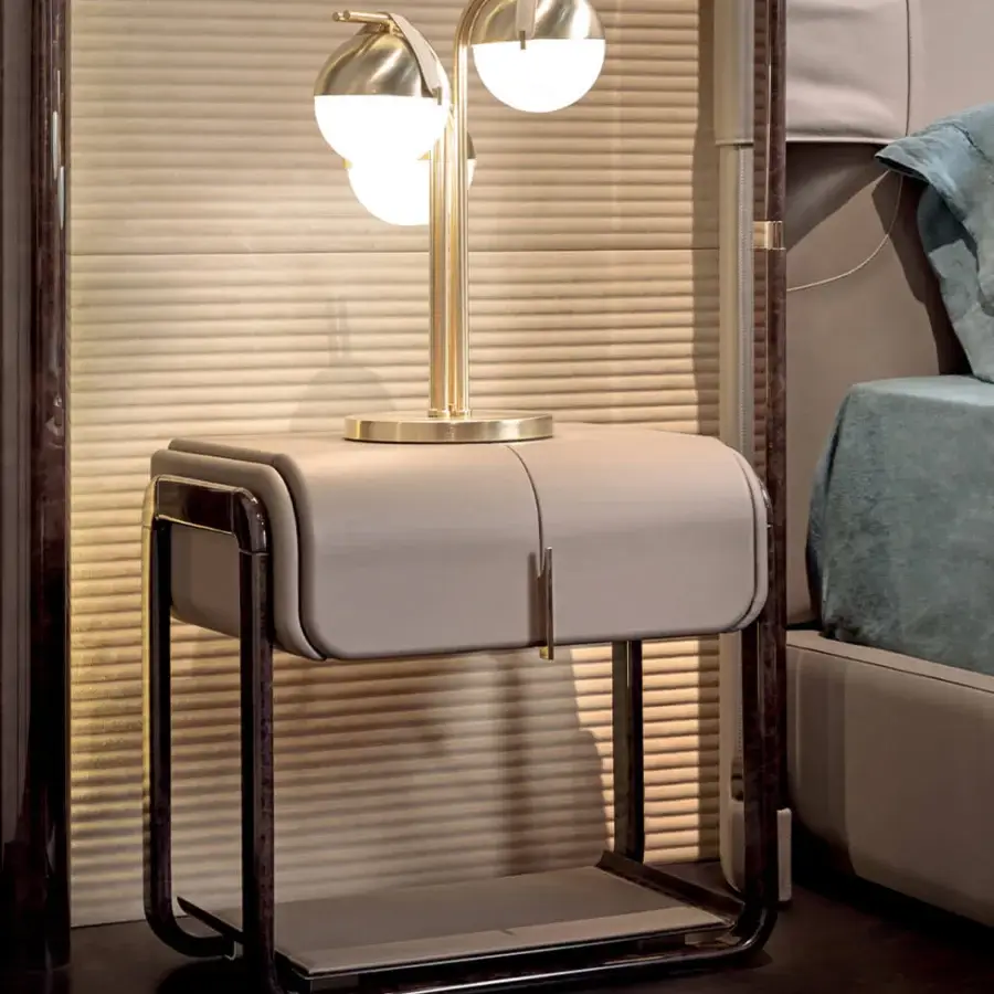 Exceptional Turri Eclipse table lamp with a satin metal structure and opaque white glass spheres suspended by leather straps