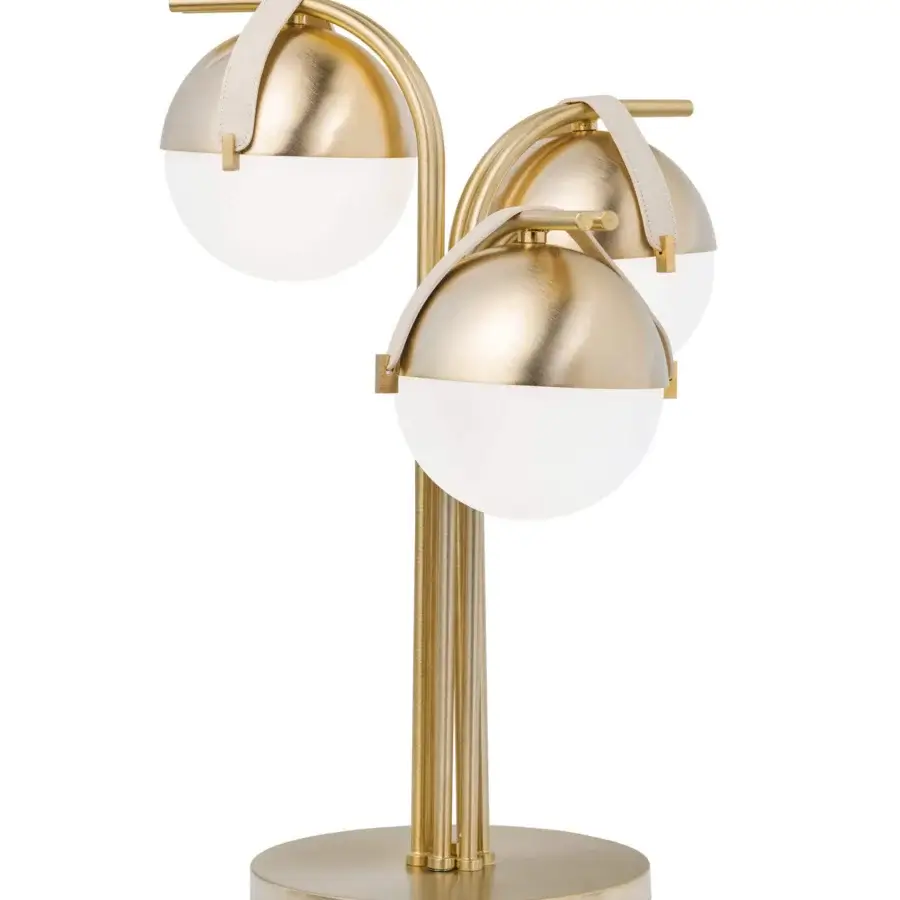 Elegant Turri Eclipse table lamp with a satin metal structure, lit spheres suspended by light-colored leather straps