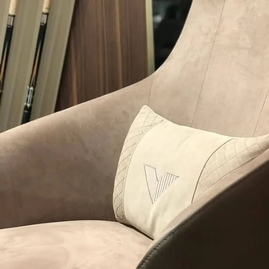 Superior Vismara Ygritte lounge chair with a high backrest built in light brown Eco Nabuk and Top Grain Leather with a lacquered wood base