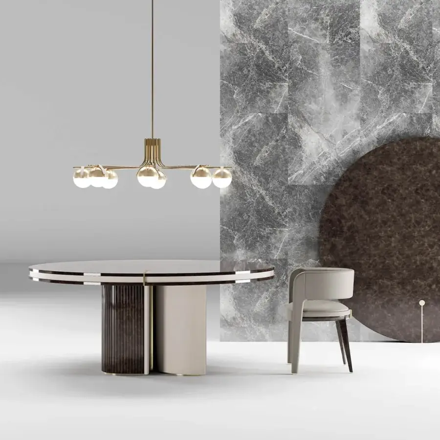 Superior Turri Eclipse suspension lamp with branching arms in satin bronze metal and milky-white opaque spheres
