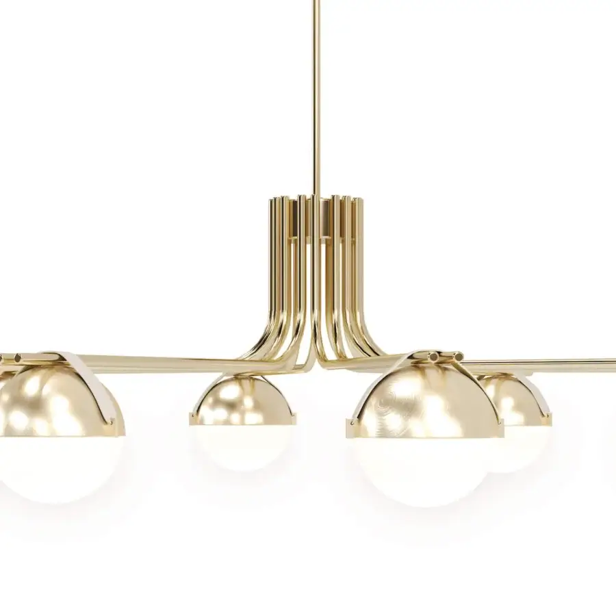 Exceptional Turri Eclipse suspension lamp with a linear satin bronze metal structure and opaque white spheres